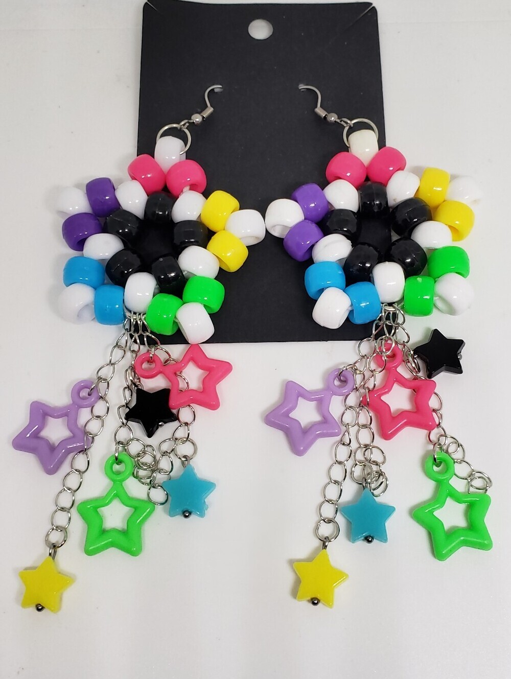 Handmade Neon Rainbow Kandi Star Dangle Earrings